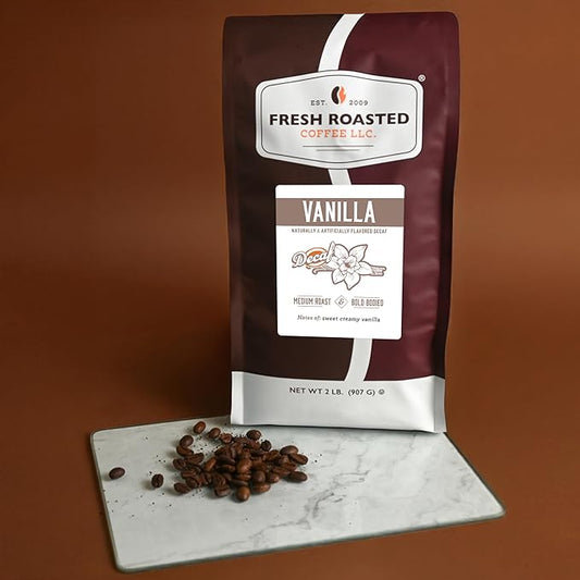 Fresh Roasted Coffee, Decaf French Vanilla Flavored Coffee, 2 lb (32 oz), Medium Roast, Kosher, Whole Bean