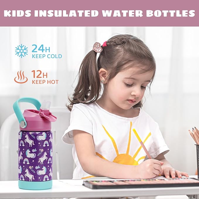 Kids Insulated Water Bottle with Straw Lid, 12 oz BPA-FREE Double Wall Vacuum Tumbler 18/8 Stainless Steel Leak Proof Kids Cups with Straw for School Travel Boys Girls (Unicorn)