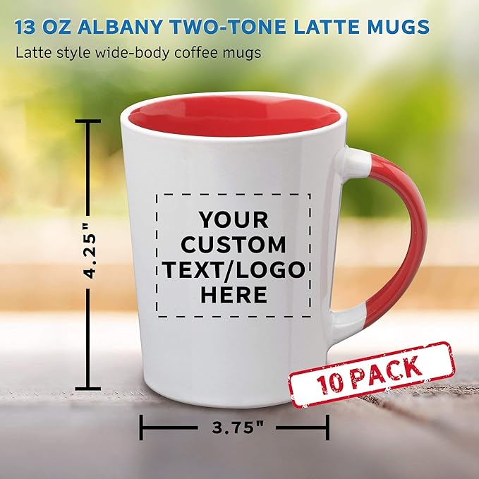 Custom Ceramic Latte Coffee Mugs by Albany 13 oz. Set of 10, Personalized Bulk Pack - Perfect for Coffee, Tea, Espresso, Hot Cocoa, Other Beverages - Red