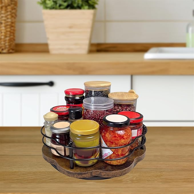 BaiWinlar Lazy Susan Turntable Organizer with Higher Metal Sides, 11" Wooden Lazy Susan Spice Rack Organization and Storage for Cabinet,Kitchen,Countertop,Table Top,Dining Table,Coffee Bar Decor