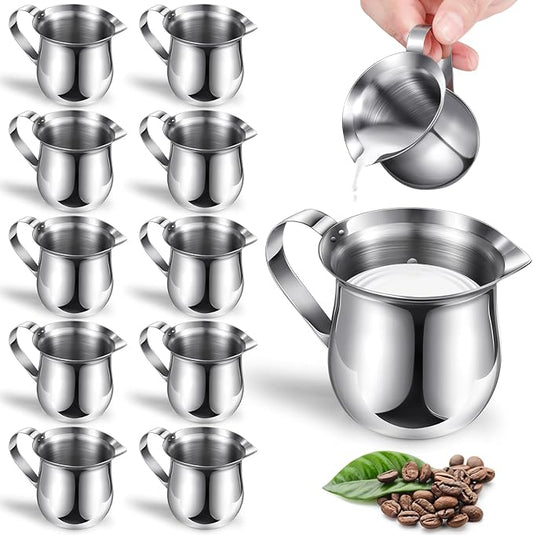 12 Pack Stainless Steel Bell Creamers 3 Ounce Creamer Pitcher Mini Coffee Milk Pitchers with Handle and Pouring Spout Cups for Serving Espresso, Tea, Milk, Maple Syrup, Sauce