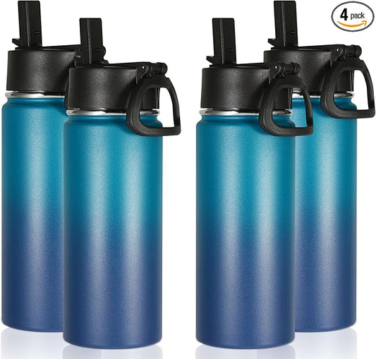Volhoply 16 OZ Kids Water Bottle Bulk 4 Pack,Insulated Sports Bottles with Straw Lid,Stainless Steel Bottle with Handle Keep Cold & Hot,Double Wall Vacuum Tumbler Cups for School(Dark Night, 4)