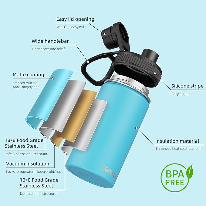 SASEUM Kids Sport Water Bottle 12oz Stainless Steel Double Wall Vacuum Thermal Mug with Leak Proof Spout Lids, Wide Mouth Metal Insulated Water Jug for Gym and Travel（Sky Blue）