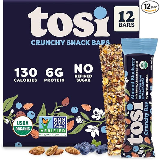 Tosi Nut Bars, Almond Blueberry, Healthy Snacks for Adults & Kids, Plant Based Crunchy Bars (6G Protein), Organic Keto Snacks, Vegan, Gluten & Soy Free, Low Sugar, Omega 3s, 1oz, 12-Pack