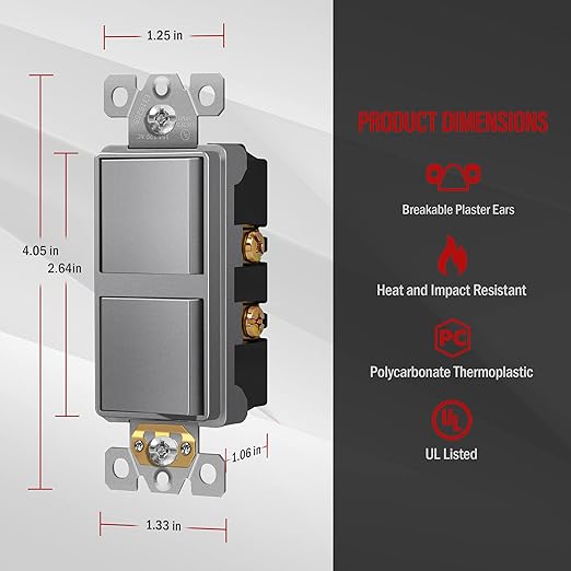 ENERLITES Double Paddle Rocker Decorator Switch, Ground terminal, Clamp-Type Back Insert Wiring, Copper Wires Only, Single Pole, Residential/Commercial Grade, 15A 120-277VAC, 62834-SG, Space Gray