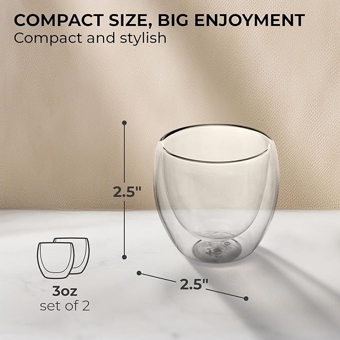 Kaffe Double Wall Insulated Glass Coffee Cups (2 x 3oz) - Small Clear Espresso Shot Glasses - Heat Resistant Insulated Borosilicate Glass Mugs for Warm Beverages, Capuccinos, Teas, Lattes