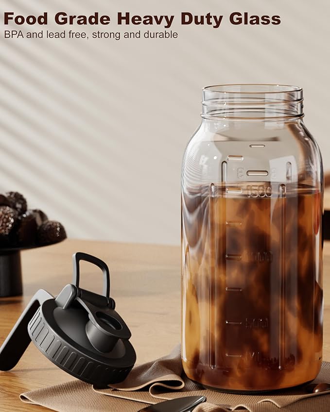 VA1KENE Cold Brew Coffee Maker 64oz, Iced Coffee Maker with 304 Stainless Steel Filter, Mason Jar Pitcher with Lid and Spout (Black)