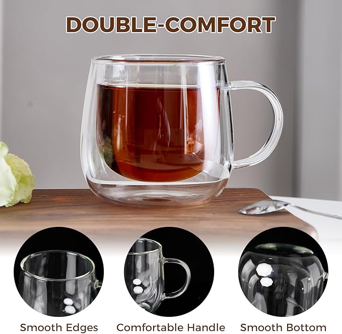 Double Wall Insulated Latte Glasses 10oz with Handle - Set of 4, Clear Glass Mugs for Cappuccino, Espresso, Tea & Hot Drinks