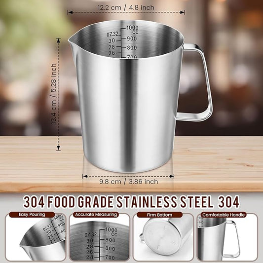 4 Pcs Stainless Steel Pitcher with Handle and Pour Lip 33.8 Oz, 1000 Ml, 4 Cup Metal Liquid Measuring Cup Measuring Jug Milk Frothing Pitcher for Milk Latte Art Water Pouring