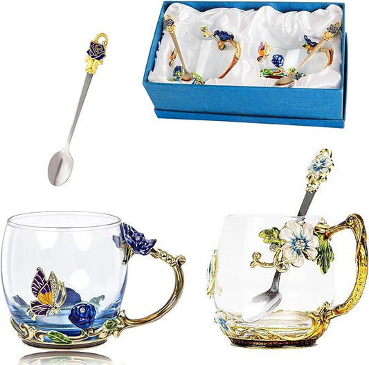 Tea Cup Glass Coffee Mugs,Fancy Tea Cup Set Birthday Christmas Valentine's Day Gift Idea for Tea Lover and Women Novelty Coffee Mugs Rose Flower Enamel Cup with Spoon (Blue rose & butterfly daisy cup)