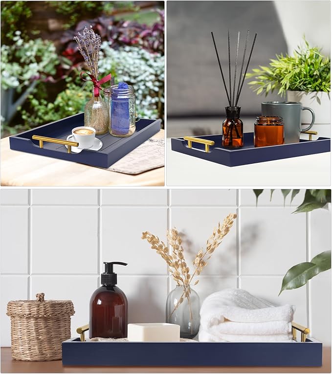 Coffee Table Tray - Large Ottoman Tray for Living Room - Wood Serving Tray with 2 Sets of Handles - Wooden Trays for Coffee Tables, 4 Round Coasters Included, Deep Blue