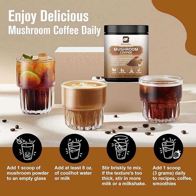 2Pack Mushroom Coffee - Lions Mane Mushroom Powder Arabica Instant Coffee with Lion's Mane, Reishi, Chaga, Cordyceps and Turkey Tail - Mushroom Coffe Alternative Support Immune & Focus, Brain Booster