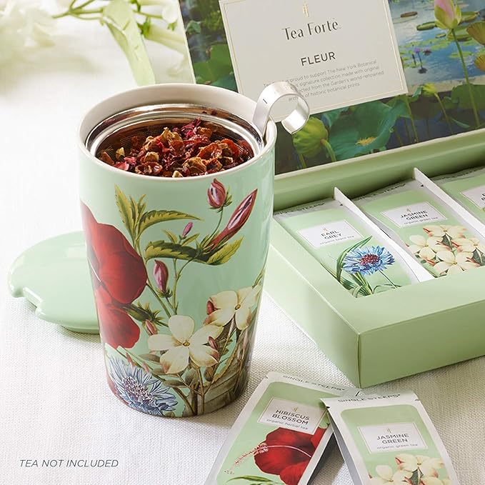 Tea Forte Double-Walled Ceramic Kati Cup, Removable Stainless Steel Infuser Basket and Lid, Steeps 12 oz Loose Leaf Tea, Dishwasher & Microwave Safe, Fleur