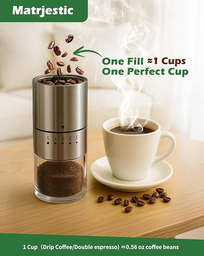 Stainless steel Burr Manual Coffee Grinder for Drip,French Press,5 Adjustable Settings,Hand Coffee Grinder,For Home Use and Camping,Coffee Bean Grinders With Hand Crank (Stainless steel Burr-Slivery)