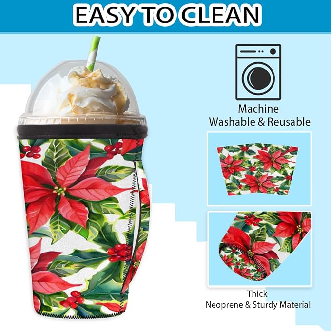 Red Poinsettia Flowers Xmas Reusable Coffee Sleeves Iced Coffee Cozy Insulator, Neoprene Holder with Handle for Cold Coffee or Ice Drink, Large 30-32oz