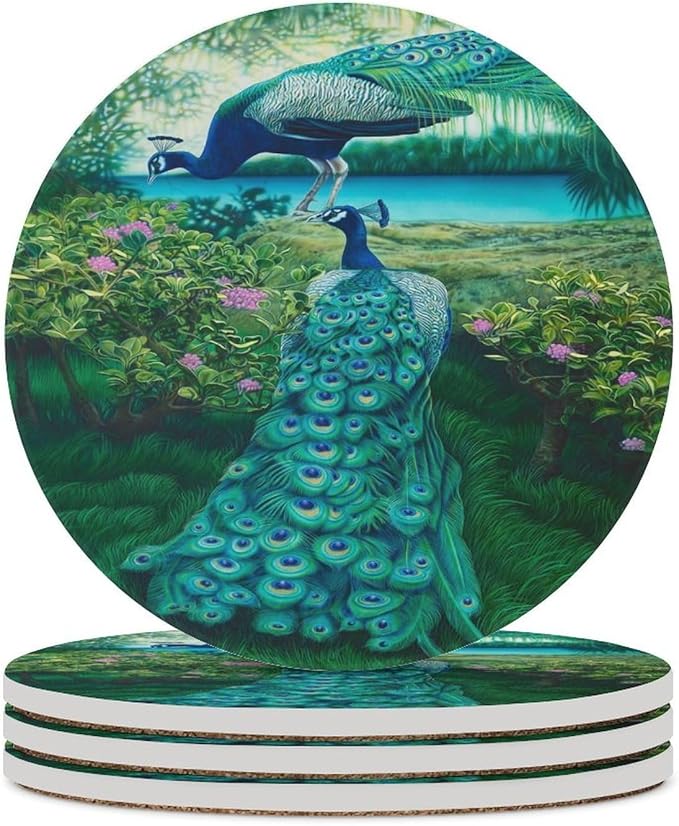 Round-4PCS Peacock Drink Coasters, Round Modern Ceramic Absorbent Coasters, Vintage Tree Branch Beautiful Plant Floral Green Peacock Decor Desk Coffee Table Coaster for Beverage Cup Tea Coasters