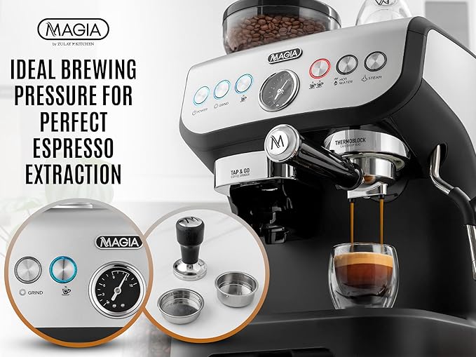 Zulay Kitchen Magia Manual Espresso Machine with Built-In Grinder & Steam Wand – 15 Bar Pressure Espresso Maker, 2L Removable Water Tank, Milk Frother, Complete Home Barista Set, Black & Silver