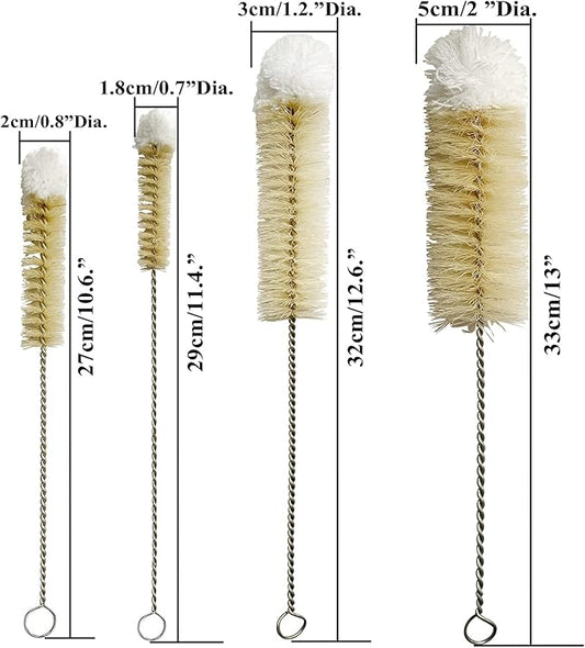 NewFerU Stainless Steel Soda Bottle Cleaning Brush Set in Natural Boar Bristle Wool Tip Long Handle, Flexible Bendable Thick Wire Cleaner for Narrow Neck Water Baby Bottles Straw Pipe Tube Flask (4)