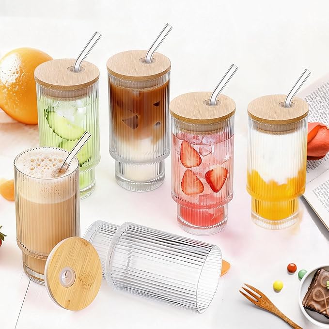16oz Glass Cups with Lids & Straws - Reusable Iced Coffee Tumblers, Trendy Ribbed Design & Stackable for Iced Coffee/Cold Brew, Perfect for Home/Office by Coffee Lovers & Commuters (16OZ-6PACK)