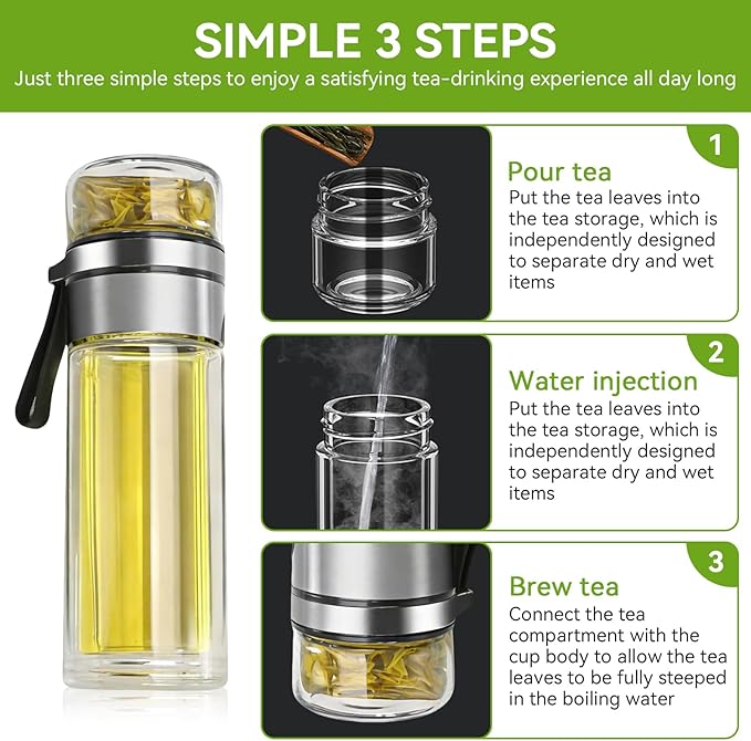 Tea Infuser Bottle, Glass Tea Infuser Bottle Double Wall Portable Tumbler Mug Travel Tumbler Mug Men (Steel Color)