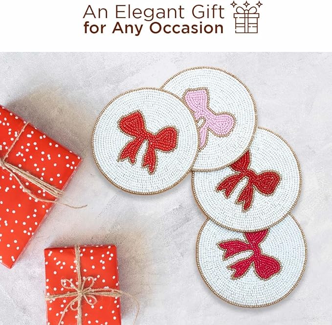 Folkulture Valentine Beaded Coasters Set of 4 (4″) | Handmade Boho Drink Coasters, Decorative Table Protection for Coffee & Cocktails | Romantic Gift for Her | Cute Valentine Table Décorations
