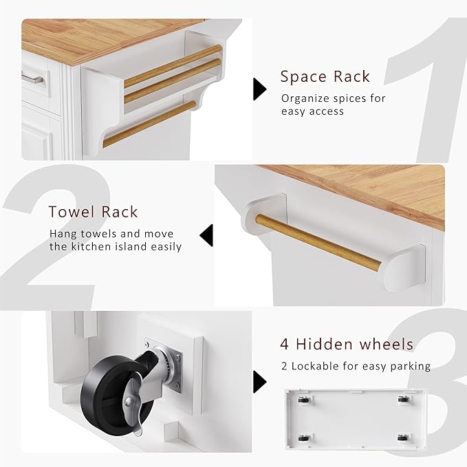 Yayzy Rolling Kitchen Island with Drop Leaf, 3 Drawers & 4 Cabinet Doors, 54” Mobile Kitchen Cart with Rubberwood Top, Side Storage Racks & Locking Wheels for Dining Room & Kitchen, White