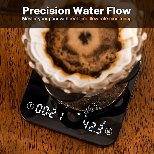 KitchenTour CaféMetric Coffee Scale with Timer 0.1g/2000g - Precision Small Scale for Espresso & Pour Over - Mini Scale with LED Display (Black, Rechargeable)