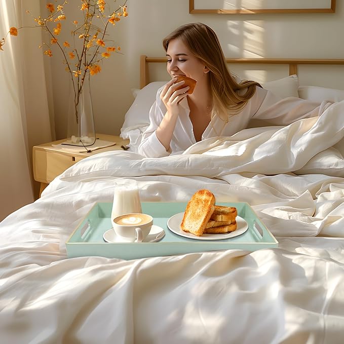 MAONAME Mint Green Serving Tray with Handles, Modern Decorative Trays for Coffee Table, Plastic Rectangular Trays for Ottoman, Bathroom, Decor, 15.8” x 10.2” x 1.4"