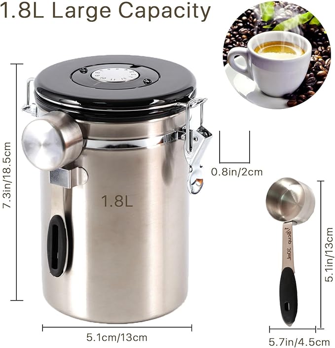 SUEIANNMN1.8L Coffee Canister Airtight, 26oz Coffee Storage Container Stainless Steel Air Tight Coffee Jar with Scoop, Date Tracker, 2 Extra CO2 Release Valve for Beans Ground Tea Flour Sugar (Sliver)