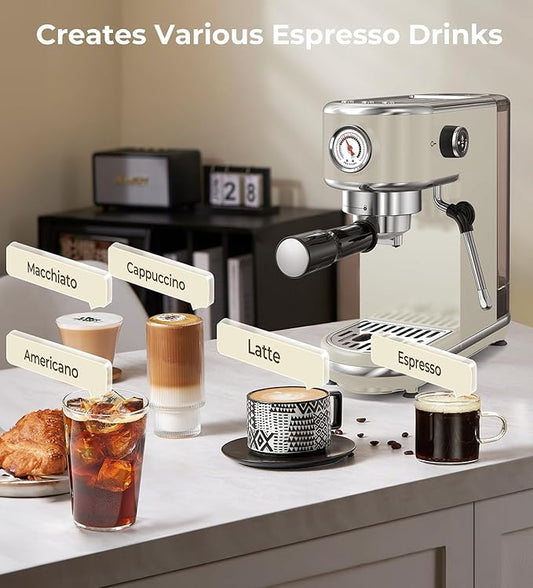 20 Bar Espresso Machine with Milk Frother, Compact Espresso Maker, Stainless Steel Coffee Machine with Precise Temp Control & 44oz Removable Water Tank for Latte, Cappuccino, Light Grey