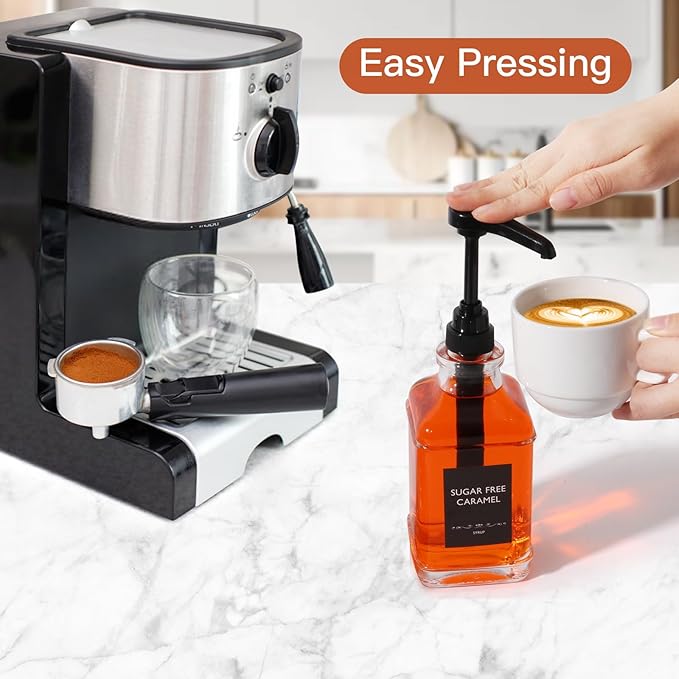 STARSIDE 16 oz Coffee Syrup Dispenser,2 pcs Clear Glass Syrup Bottle with 1/4oz Capacity Pump,Syrup Dispenser for Coffee Bar with Plastic Pump and Syrup Labels