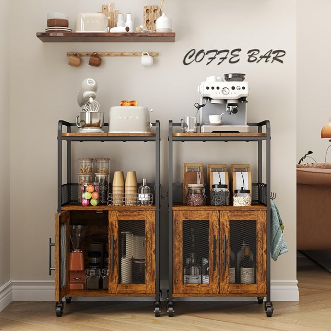 Small Coffee Bar Cabinet with Storage, 3-Tier Rolling Coffee Bar Table, Farmhouse Coffee Cart Station with 2 Doors for Living Room, Dining Room, Rustic Brown