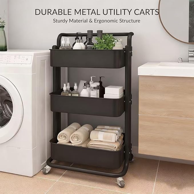 Mobile 3-Tier Mesh Utility Trolley with Handle and Lockable Wheels Rolling Metal Organiser Cart Multi-Purpose Storage Rack for Kitchen, Living Room or Office Black, Full Carbon Steel Construction