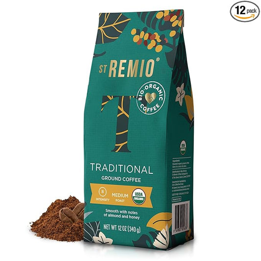 ST REMIO Ground Coffee Traditional 12 oz - Medium Roast, USDA Organic, Bio Organic, Smooth Honey and Almond Flavour, 100% Arabica Coffee Beans for Premium Traditional Drip Coffee