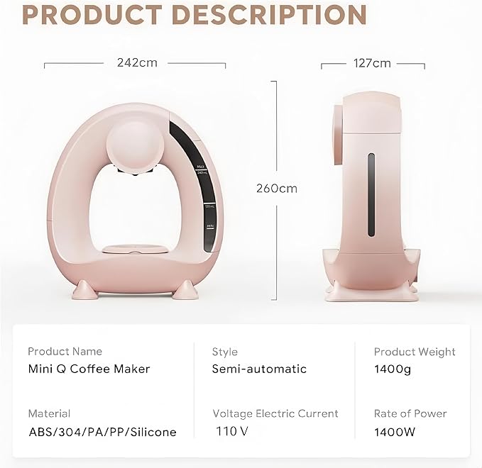 3 in 1 Single Serve Coffee Maker for K Cup Pink, Ground and Tea Leaves, Mini K Cup Coffee Brewer with One Button Operation, 1400W 20s Fast Heating,Compact for Small Spaces-Glass not included