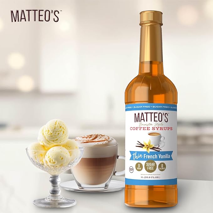 Matteo's French Vanilla Syrup for Coffee, Lattes, Cappuccinos & Desserts – Sugar-Free Sweetener for Beverages, Keto Friendly, Zero Calories, Indulgent Flavor, Non-Alcoholic, 33.8oz (6pk)