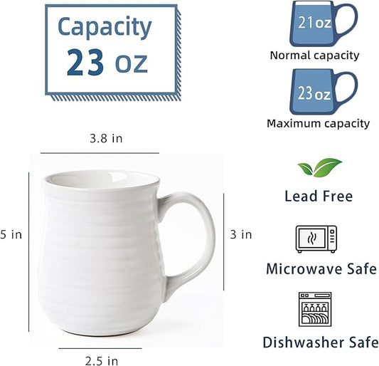23 oz Large Ceramic Coffee Mugs, Handmade Cup with Large Handle, Big Tea and Coffee Cups for Office and Home, Microwave and Dishwasher Safe (White)