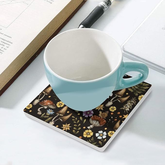 Square-4PCS Botanical Ceramic Coasters, Square Absorbent Drink Coasters, Cartoon Botanical Floral Rustic Plant Leaves Mushroom Ceramic Table Coasters for Coffee, Beverage, Wine, Beer Coasters