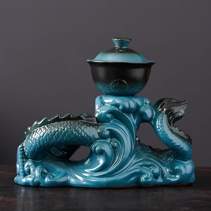 Semi Automatic Tea Set Ceramic Teapot with Infuser Magic Teapot with 8 cups (Light Blue Dragon-D)