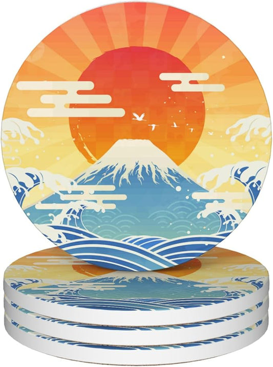 Drinks Coasters Set of 4, Japanese Style Sun Round 4" Cup Coasters, Absorbent Ceramic Stone Coasters with Cork Base, Cute Coasters for Table Home Décor, Ideal Gifts for Women Men