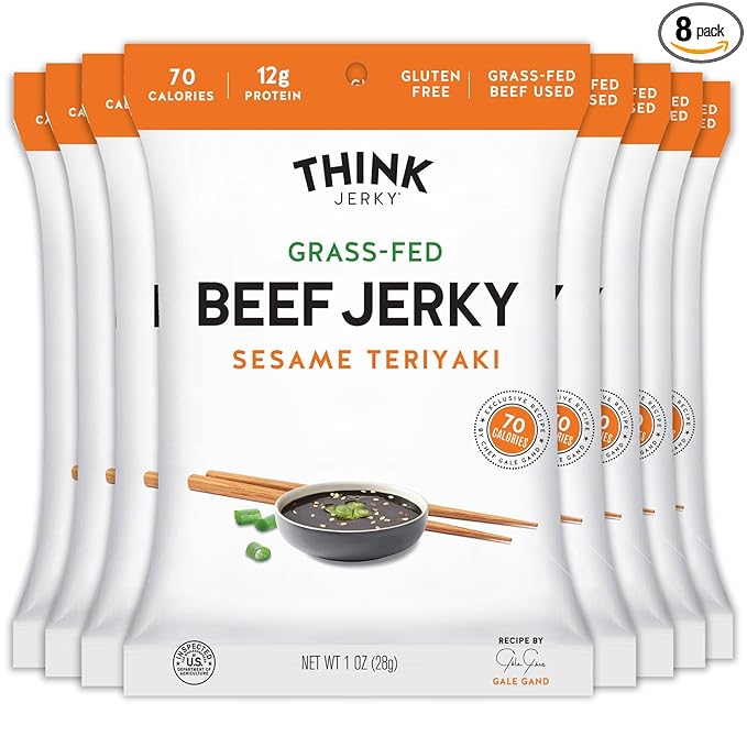 Think Jerky Sesame Teriyaki Beef Jerky, Grass-Fed High Protein Beef, Gluten Free, No Antibiotics or Nitrates, Healthy Chef Crafted Recipe, Low Calorie and Low Fat - 1.0 oz Bags, 8 Pack