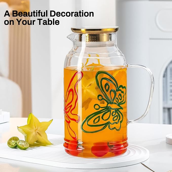 Glass Pitcher with Lid and Handle,2 PACK 68 oz/2 Liter Vintage Hand Painted Butterfly Design Fridge Water Pitcher, Borosilicate Glass Water Carafe for Hot/Cold Water Iced Sun Tea,Heat Resistant