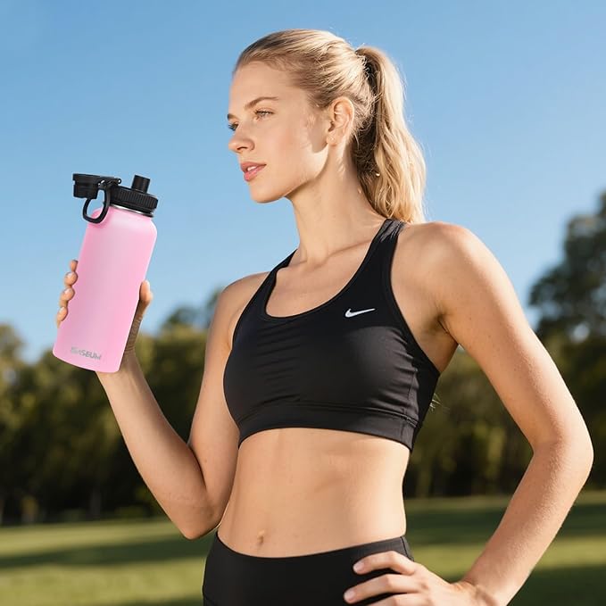 SASEUM Sport Water Bottle 32oz Stainless Steel Double Wall Vacuum Thermal Mug with Leak Proof Spout Lids, Wide Mouth Metal Insulated Water Jug for Gym and Travel（Pink）