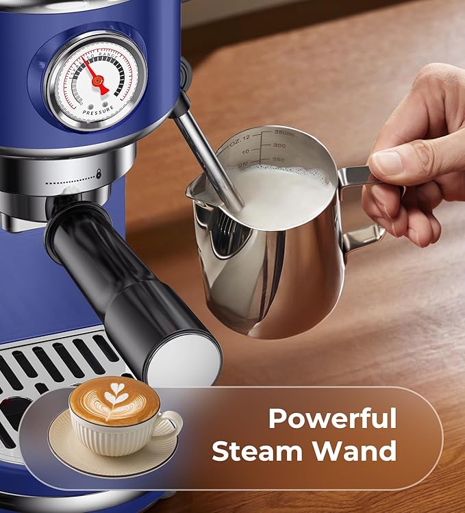 20 Bar Espresso Machine with Milk Frother, Compact Espresso Maker, Stainless Steel Coffee Machine with Precise Temp Control & 44oz Removable Water Tank for Latte, Cappuccino, Dark Blue