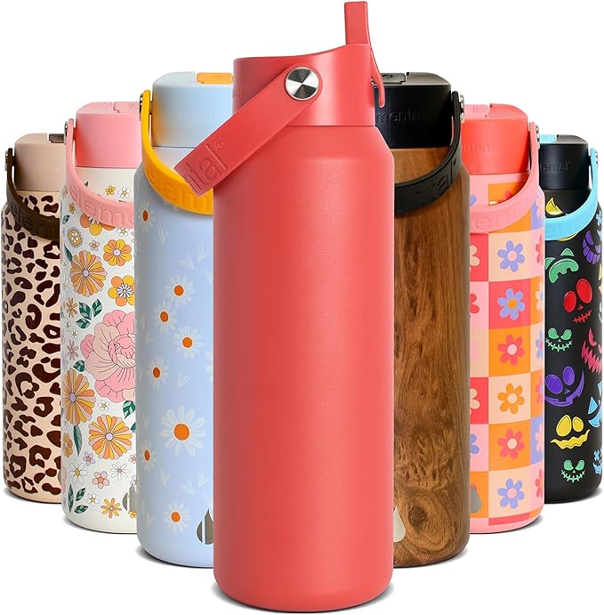 Elemental 40oz Insulated Water Bottle with Straw - 100% Leak-Proof Stainless Steel Core Water Bottles for Travel, Sports and Gym - Double Wall Insulation & BPA Free - Red