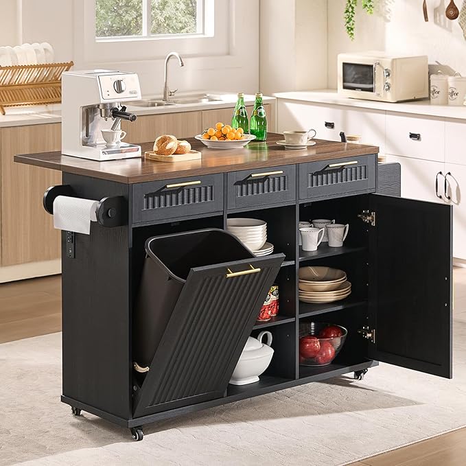 57" Kitchen Island with Storage — Kitchen Rolling Island with Trash Can Storage Cabinet, Power Outlet & Drop Leaf, Large Mobile Island Cart on Wheels with Spice & Towel Rack, Knife Holder (Black)