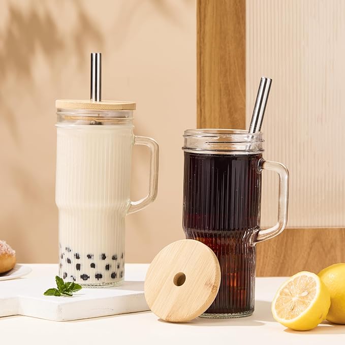 24oz Ribbed Glass Tumbler with Straw and Lid,Glass Cups with Handle,Stainless Steel Straws & Cleaning Brushes – Iced Coffee Cup for Smoothies, Tea, and Gifts, Set of 2