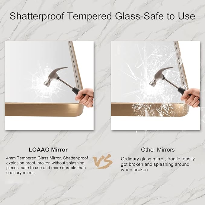 LOAAO 60”X36” Gold Bathroom Mirror, Rounded Rectangle Gold Frame Mirror, Brushed Gold Bathroom Vanity Mirror Wall-Mounted, Anti-Rust, Tempered Glass, Hangs Horizontally or Vertically