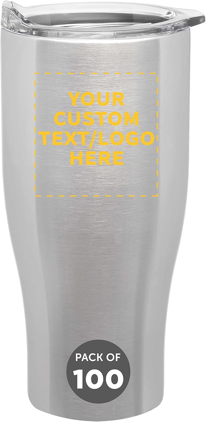 Custom Stainless Steel Grip Travel Mugs 27 oz. Set of 100, Personalized Bulk Pack - Perfect for Coffee, Soda, Other Hot & Cold Beverages - Silver