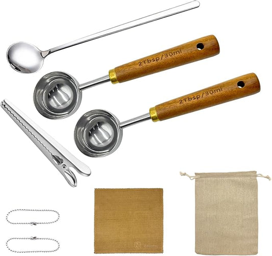 Coffee Scoop with Wooden Handle 2 Tbsp (30 ML) 304 Stainless Steel Measuring Tablespoon Scoop for Ground Coffee, Espresso, Tea, Protein Powder, Spices, etc. (6 Pack)